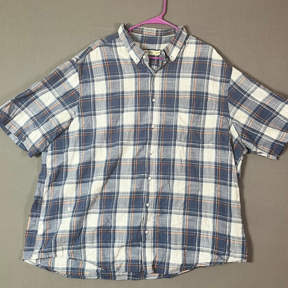 Faded Glory Button Down 3XL Cotton Plaid Blue Orange Short Sleeve Rugged Style